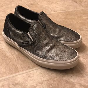 Metallic Silver on black slip on Vans